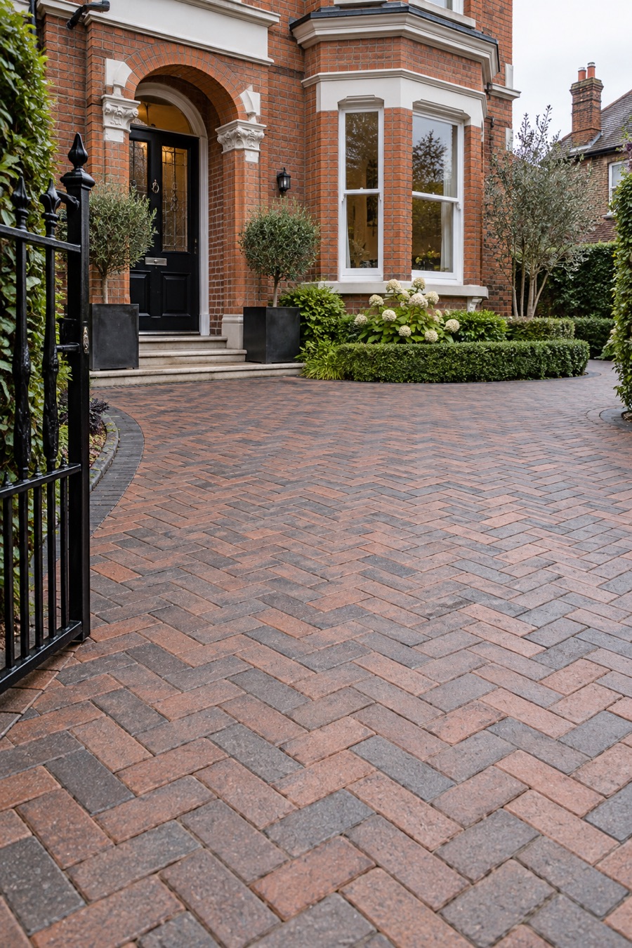 Illustrative advertisement showing warm herringbone paving at an English villa
