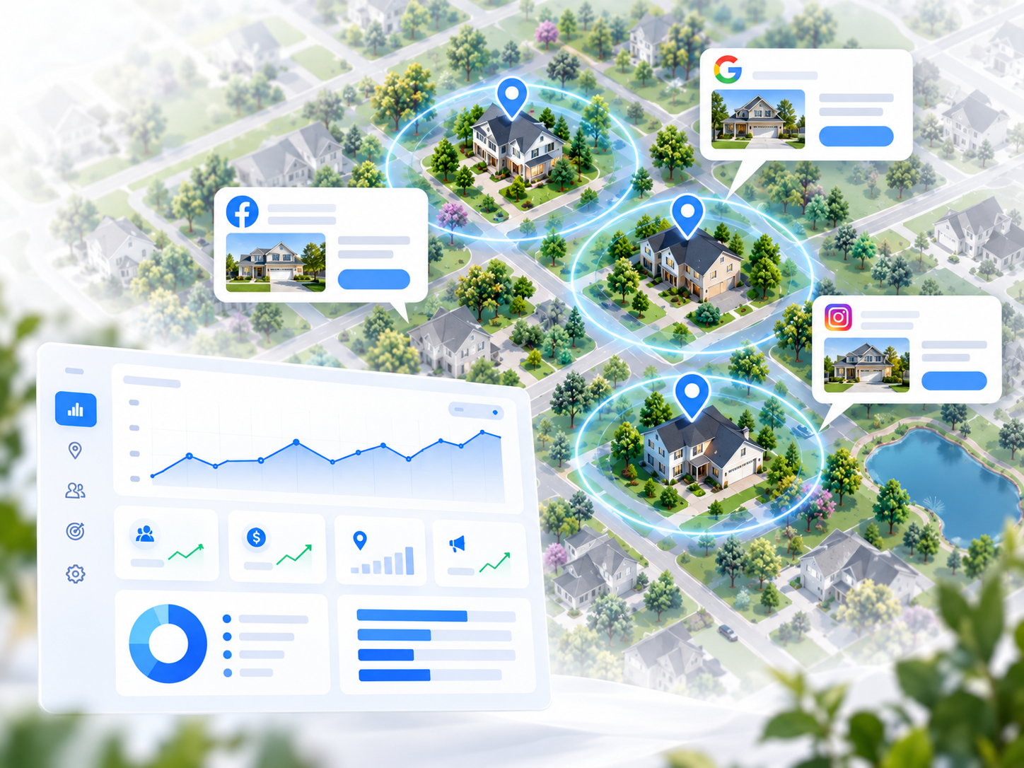Map view of local homeowners targeted across Google, Facebook and Instagram ads, alongside a campaign performance dashboard