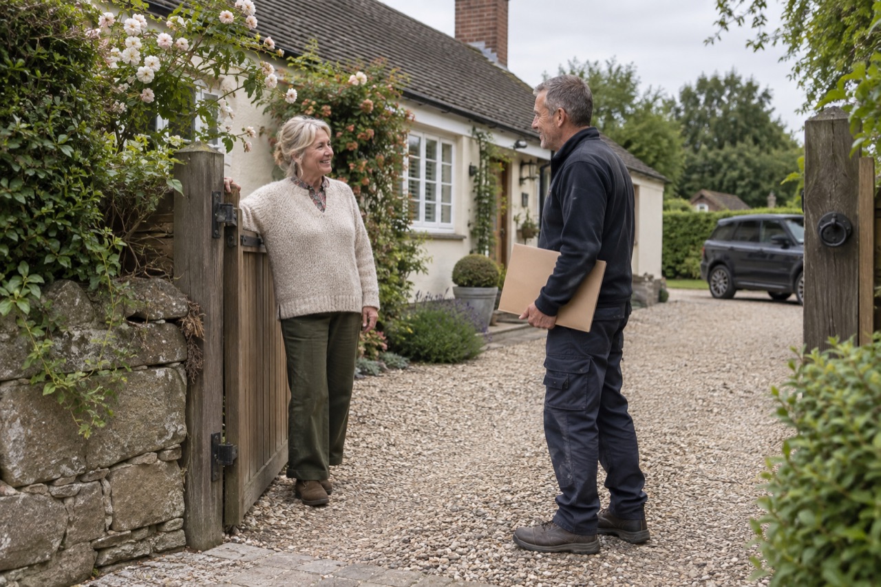 A contractor arriving to discuss a driveway project with a homeowner