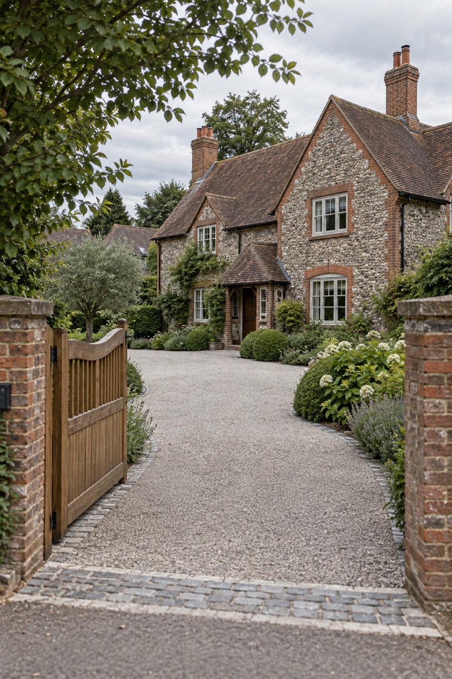 A carefully finished driveway beside a traditional English flint and brick home
